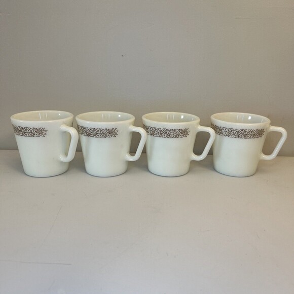 Pyrex WOODLAND BROWN 1410 White Glass Coffee Tea Mugs 10 oz Vintage Set Of 4 - Picture 1 of 5